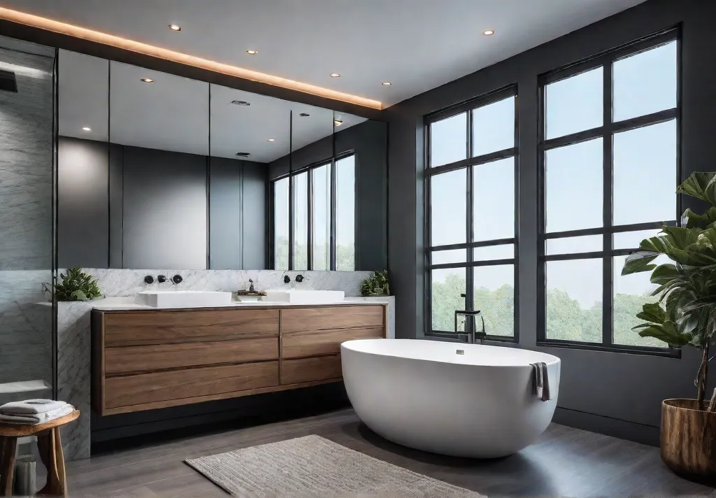 A luxurious bathroom spalike retreat with large windows for ample natural lightfeat