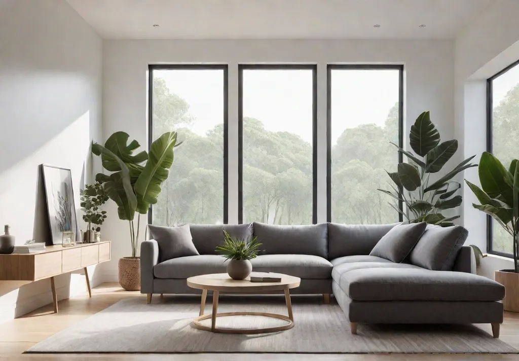 A minimalist living room bathed in natural light with white walls lightfeat